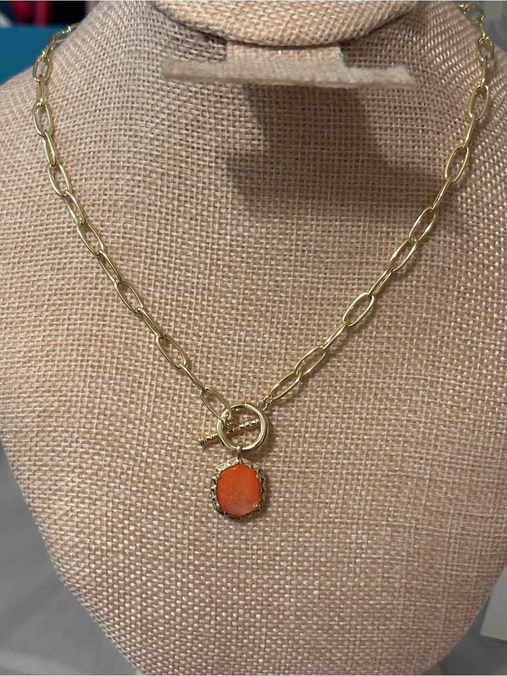 Gold Chain Necklace with Orange Pendant - Women Jewelry